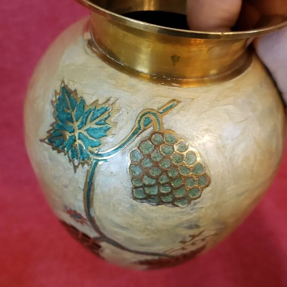Pretty Vintage Brass Vase with Pearlescent Outer Design - Picture 3 of 12